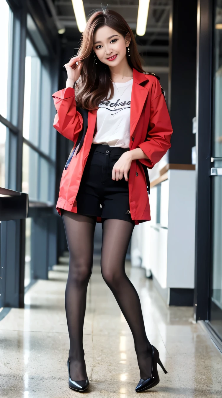 Delicate makeup、Cool Beauty, Accurately express the fine details of the face and skin texture,(The most beautiful face and eyes), Full body photo、Delicate skin,Looking into the camera、smile、Beautiful teeth alignment、Jacket、shirt、((Are standing:1.3))、(tights:1.2), (pumps)、(Business services)、 indoor, ,The background is the building's entrance