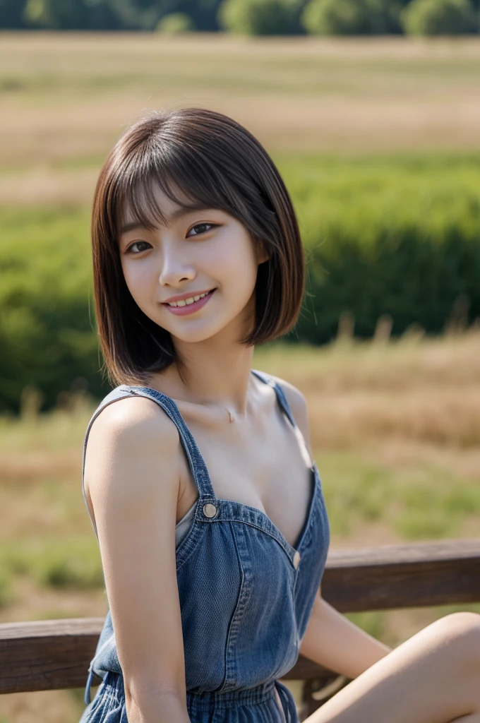 ​masterpiece、4K、top-quality、beautiful Korean women、detail portrayal、1 girl in、23years old、(rompers:1.2)、bob cuts、naturey、depth of fields、cowboy  shot、side、(Angle from top:1.2)、ssmile