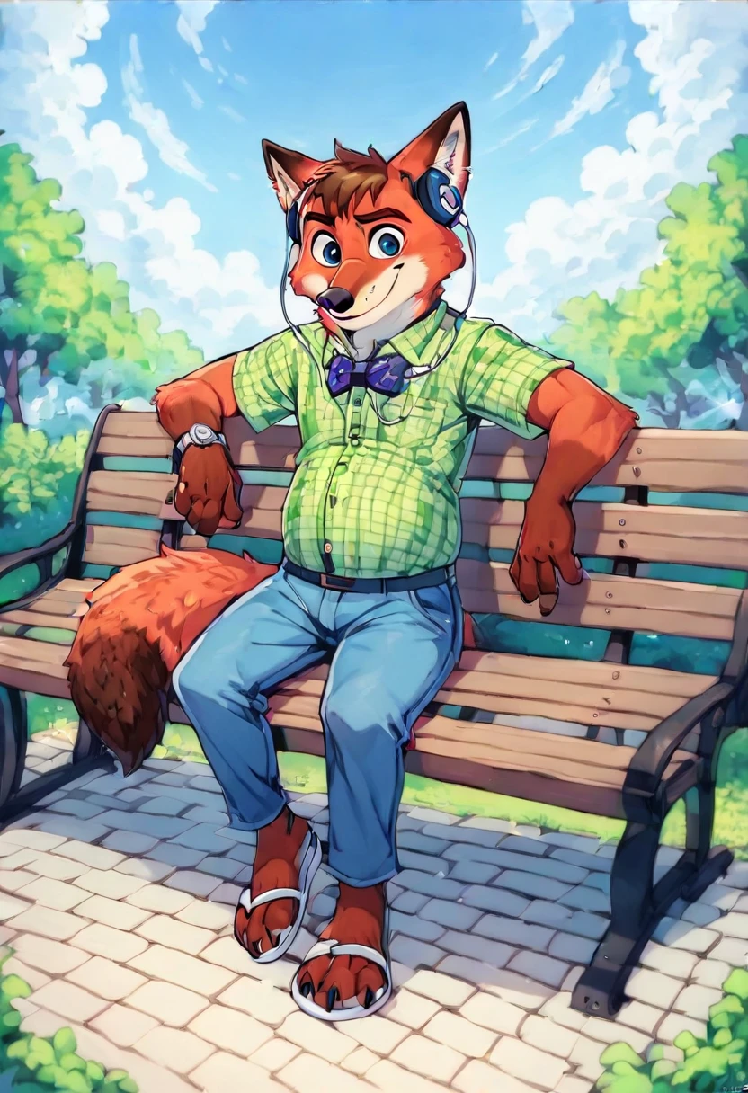 hyperrealistic art, furry portrait, bright colors, full body photography, full figure picture, masterpiece, Best quality, A high resolution, Brown hair, barefoot Gideon Gray blue eyes, (Zootopia, Cute, muscular, chubby, male fox, reddish fur, longer fur on the cheeks, side part hairstyle, shorter muzzle) in casual adult clothing, a blue checkered shirt, bow tie, long pants,wear sandals with heels, sitting on a park bench, detailed beautiful paws with short claws, I watch videos on my smartphone, red light in his eyes, smiling, Earplugs. detailed background, anatomically correct, 8 k, (wide dynamic range, dynamic angles and pose:1.2), spicy, Concentrated, (prayer):1.23, (particle),(author:by Jackaloo)