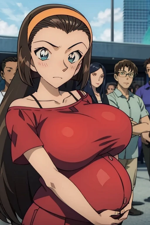 looking at the camera、When I Look at You、lookatviewer、Anime Style、Eroge、1 Girl,  (Huge breasts),(Maternity)、Low Angle、Brown haired, hair band、Bob Hair、The forehead is visible、blush,The whole body is visible:1.5、Long skirt、Crew neck top