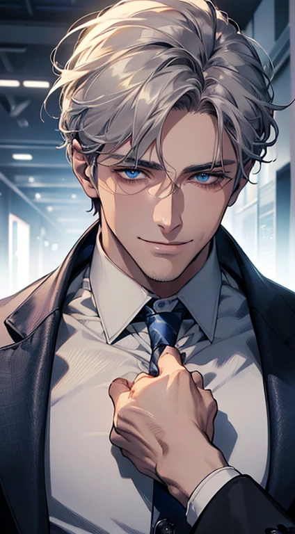 (best quality, masterpiece, 8K, photorealistic, cinematic lighting, 1:4 hdr image, ultra detailed, beautiful image), a mature man, 25 years very handsome, ((cold expression smile in love)), short grey hair, blue eyes, face perfect without mistakes, ((buttoning his jacket, CEO)), smile.