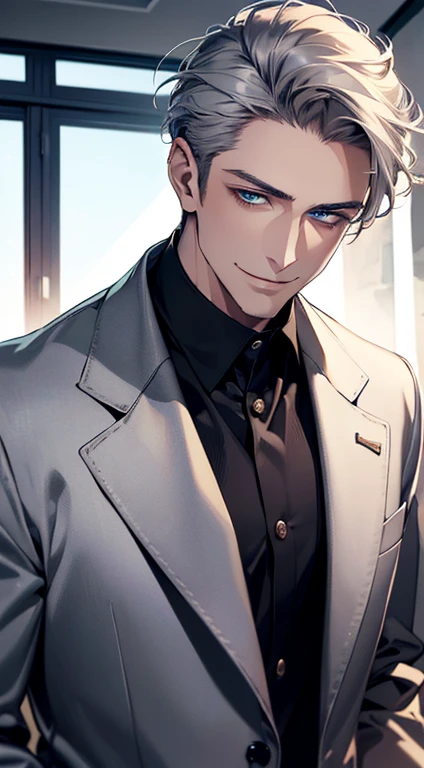 (best quality, masterpiece, 8K, photorealistic, cinematic lighting, 1:4 hdr image, ultra detailed, beautiful image), a mature man, 25 years very handsome, ((cold expression smile in love)), short grey hair, blue eyes, face perfect without mistakes, ((buttoning his jacket, CEO)), smile.