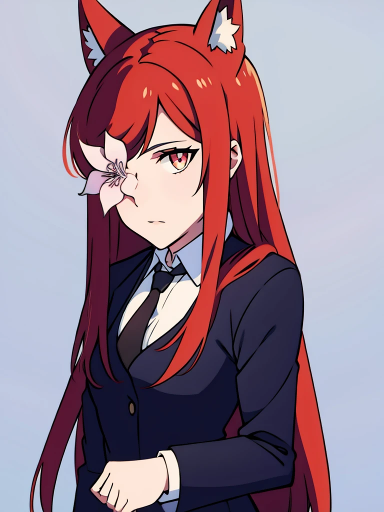 1girl ,solo,20s,mature female,red hair,long hair,fox ears,(white background),shirt,black standard tie,blue blazer,long sleeves, black pleated skirt,(upper body),FlowerOverEye