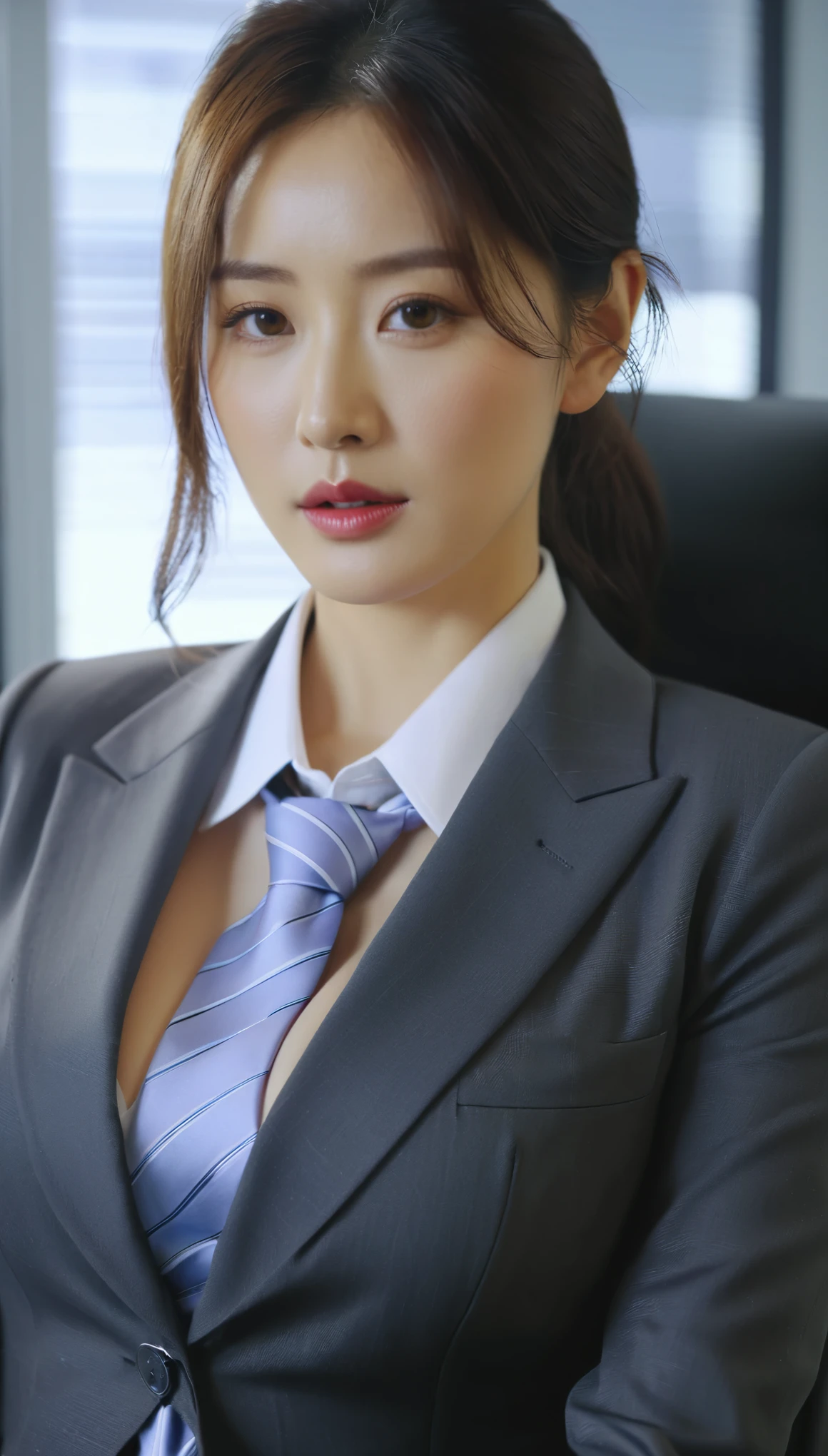 close-up of beautiful korean female, 34 inch breasts size, wearing suit with necktie, in the office, cinematic scene, UHD