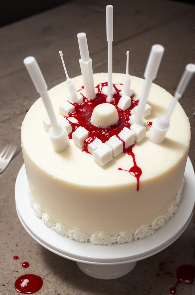 White cake with syringes with blood 
