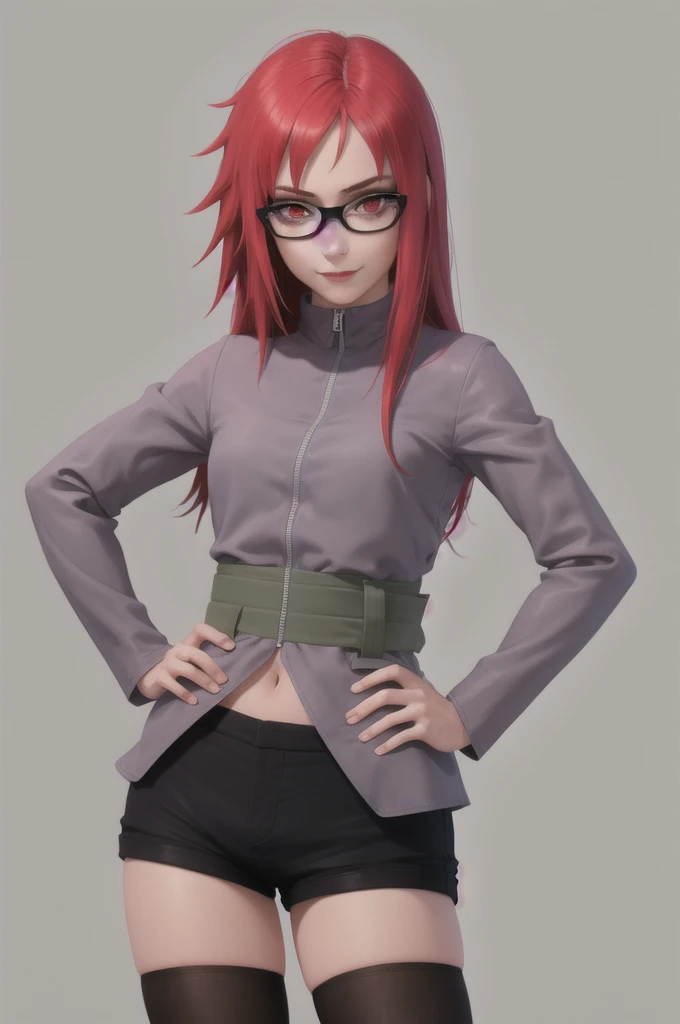 masterpiece, best quality, solo, 1girl, karinuzumaki, smirk, looking at viewer, hand on hip, glasses, short cowgirl jacket, long sleeves, shorts jrans, thighhighs 