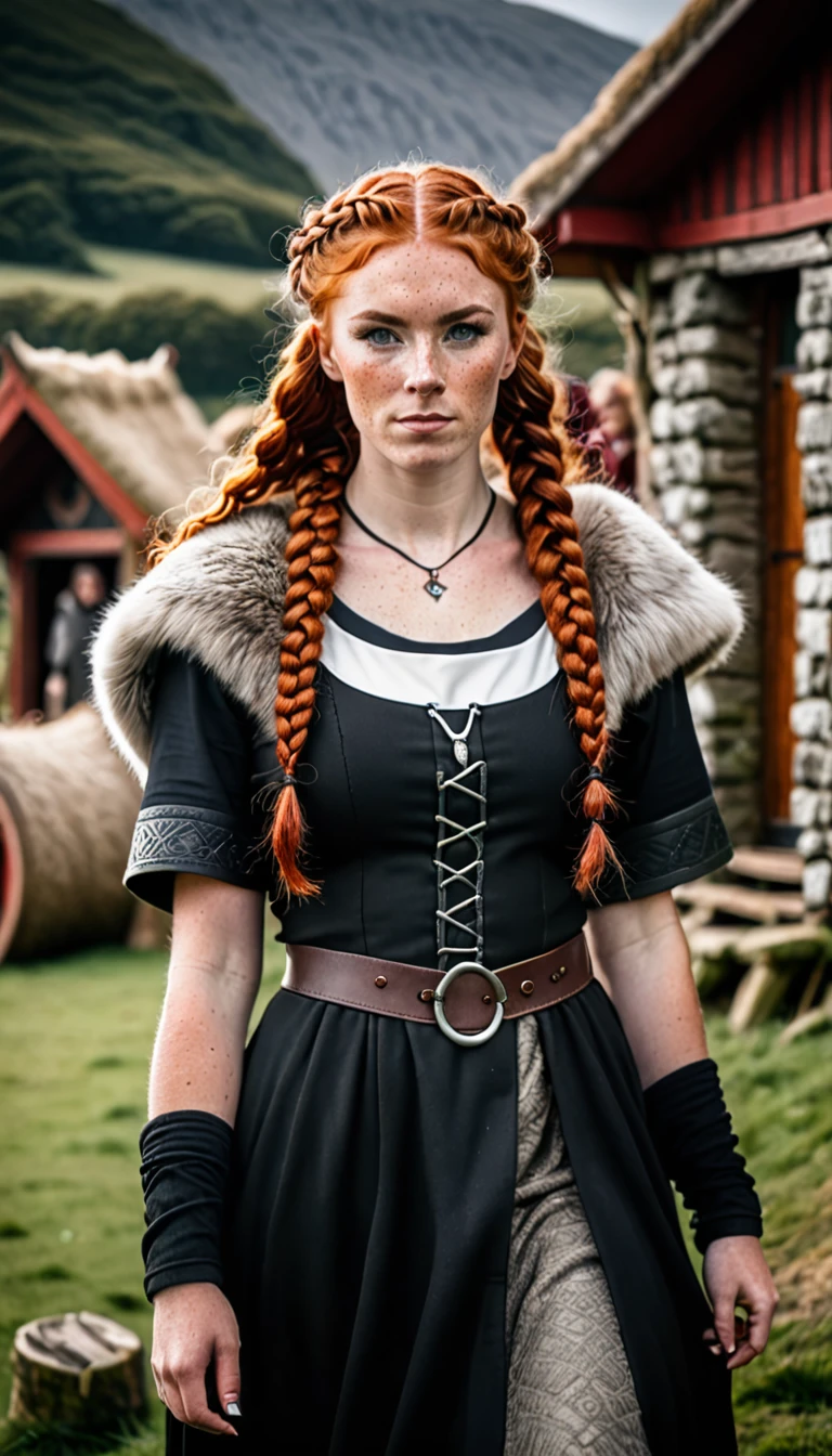 epic viking woman, curly red hair, two braids, intricate details, furs, freckles, viking clothing, medieval viking village background, black costume and one british nun