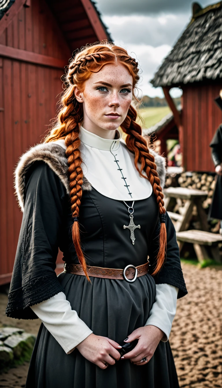 epic viking woman, curly red hair, two braids, intricate details, furs, freckles, viking clothing, medieval viking village background, black costume and one british nun