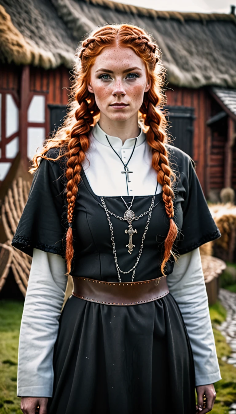 epic viking woman, curly red hair, two braids, intricate details, furs, freckles, viking clothing, medieval viking village background, black costume and one british nun