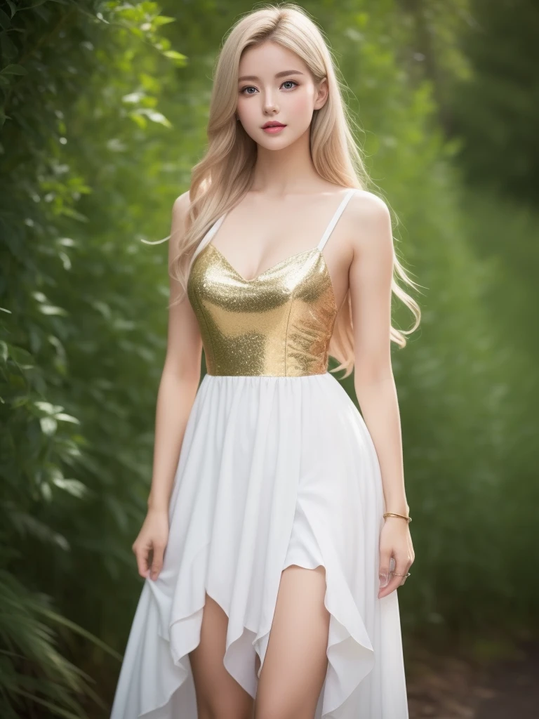 A woman of beauty in a fantastic space, Tight micro dress white and gold color, 98k, {{Masterpiece}}, Best Quality, High Quality:1.4), {{[[FRONT LOOK}}, eye_contact, Various poses)]], very pretty look face, and very pretty eyes, cute images, lovely images, {{whole full body}}, {{{{{{{{Long legs}}}}}}}}, {{{{slim sexy body}}}}, {{{{{{Tall woman}}}}}}, {{177 cm tall}}, solo, beautiful, lovely, adorable, pale skin, {{18to 22 years old German girl}}, look beautiful German girl and blue eyes or green eyes with platinum blonde hair color), Nordic German young girl, {{{{{{{{{{full body}}}}}}}}}}, {{{{{{{{{{high_heels}}}}}}}}}},