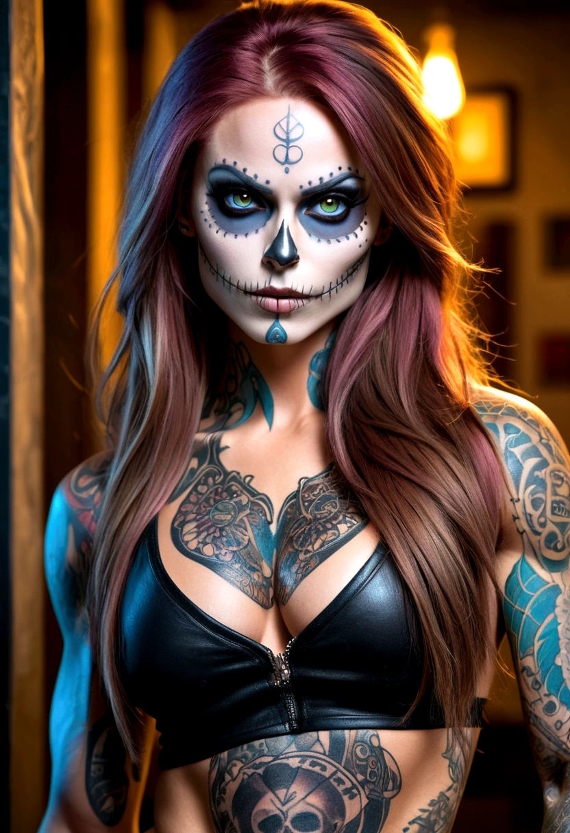 Create a hyper detailed photograph of a tattooed muscular young sexy sally Skellington, Stunningly perfect gorgeous face, perfect makeup,detailed vibrant eyes, long hair, big beautiful muscular legs, big beautiful muscular arms, big back muscles, realistic torso, muscular abs, detailed smooth skin, big breast, big muscular ass,