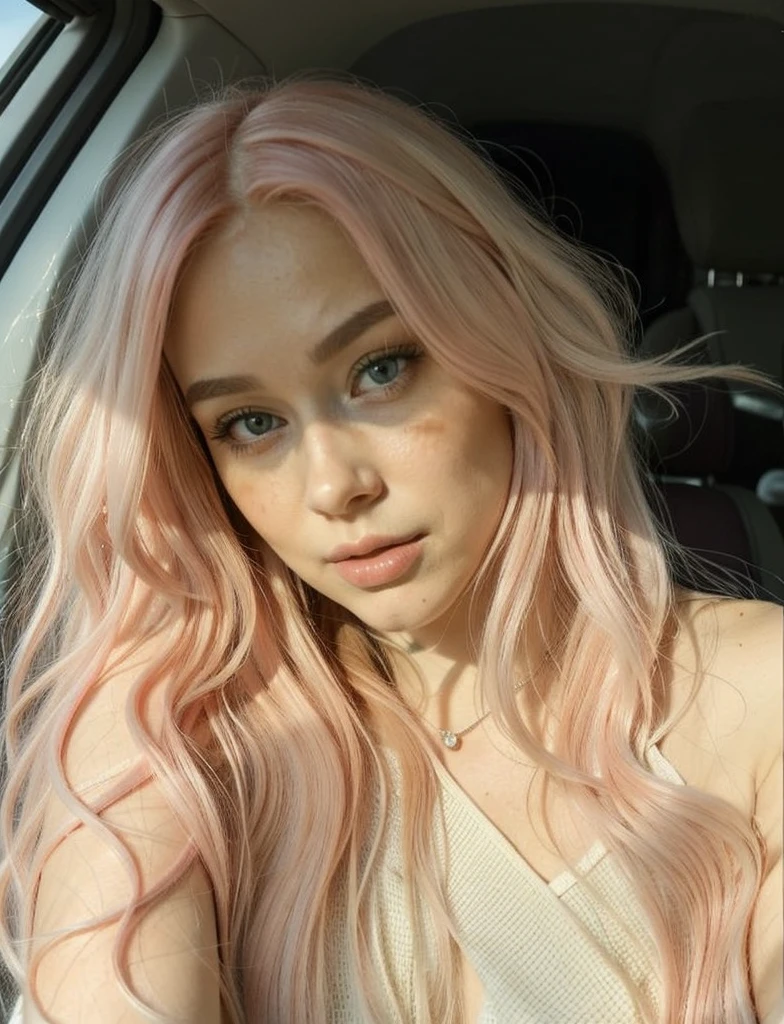 Woman with long pink hair sitting in a car, longos pink hair and big eyes, extremely beautiful face, pale skin curly pink hair, longos pink hair and big eyes, very pretty face, beautiful girl, one with pink hair, pink hair and big eyes, beautiful young model, Perfect face ), beautiful delicate face, pale, shiny skin, with long pink hair