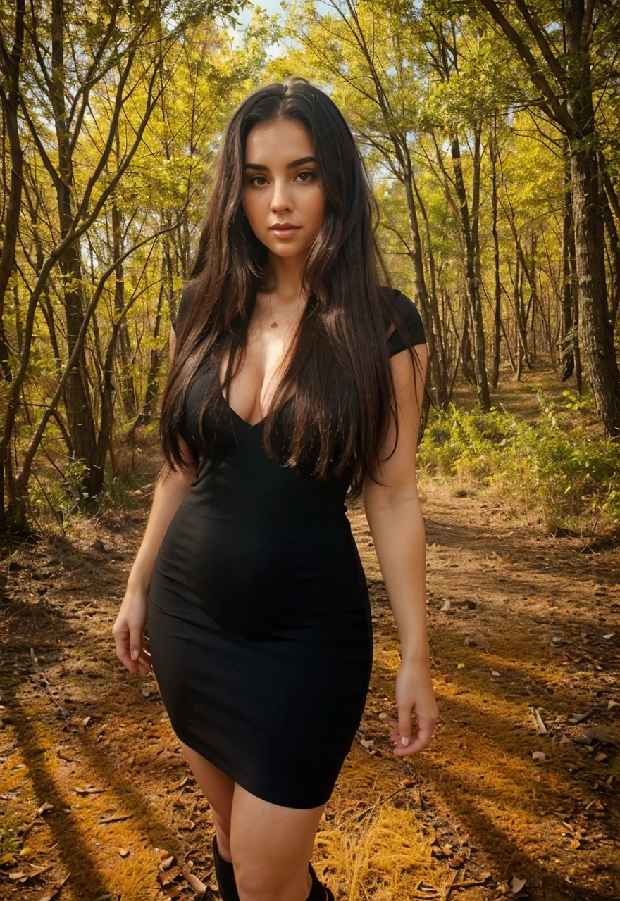 An extremely realistic beautiful woman, short black dress, tight dress, gorgeous hair, legs thick, big-ass
