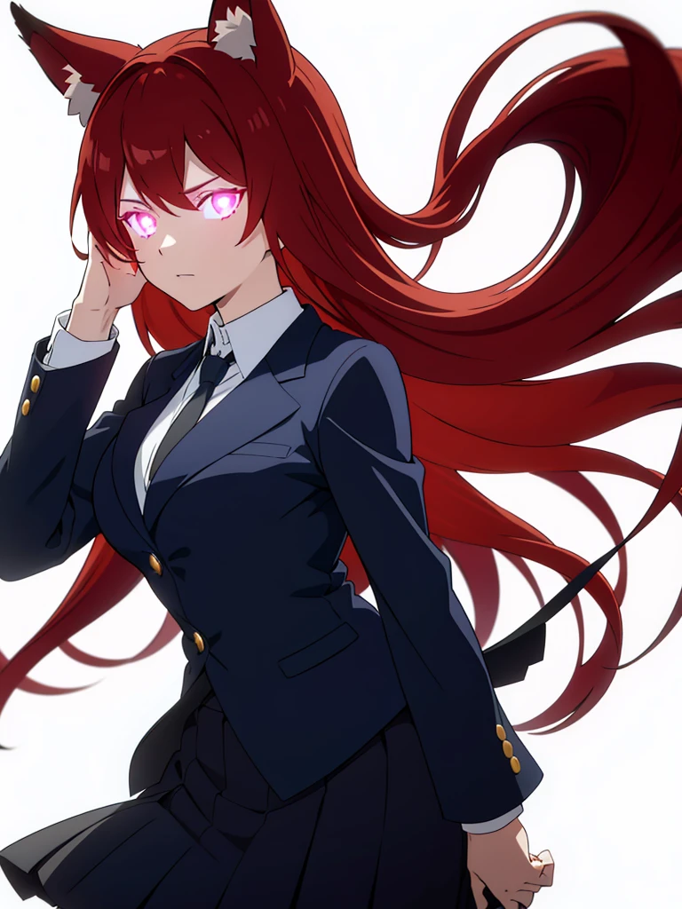 1girl ,solo,20s,mature female,red hair,long hair,fox ears,(white background),shirt,black standard tie,blue blazer,long sleeves, black pleated skirt,(upper body),glowing eyes