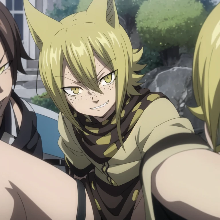 {2 characters} masterpiece, best quality, sketch, {(male focus, looking at viewer, , depth of field, jackal_fairy_tail, blonde hair, yellow eyes)},
BREAK
{(1 girl, sharp focus, , (very young:1), looking at viewer, depth of field, (Fairy Tail style:1.25), brown, curly dark brown hair, medium hair, yellow eyes, mix skin_tone, light tanned colored skin, dark freckles, (cat ears), (soft nervous smile), pink composition shirt, dark magenta bomber jacket, (anime screencap:0.67), outside background, science fiction social science fiction)}
BREAK