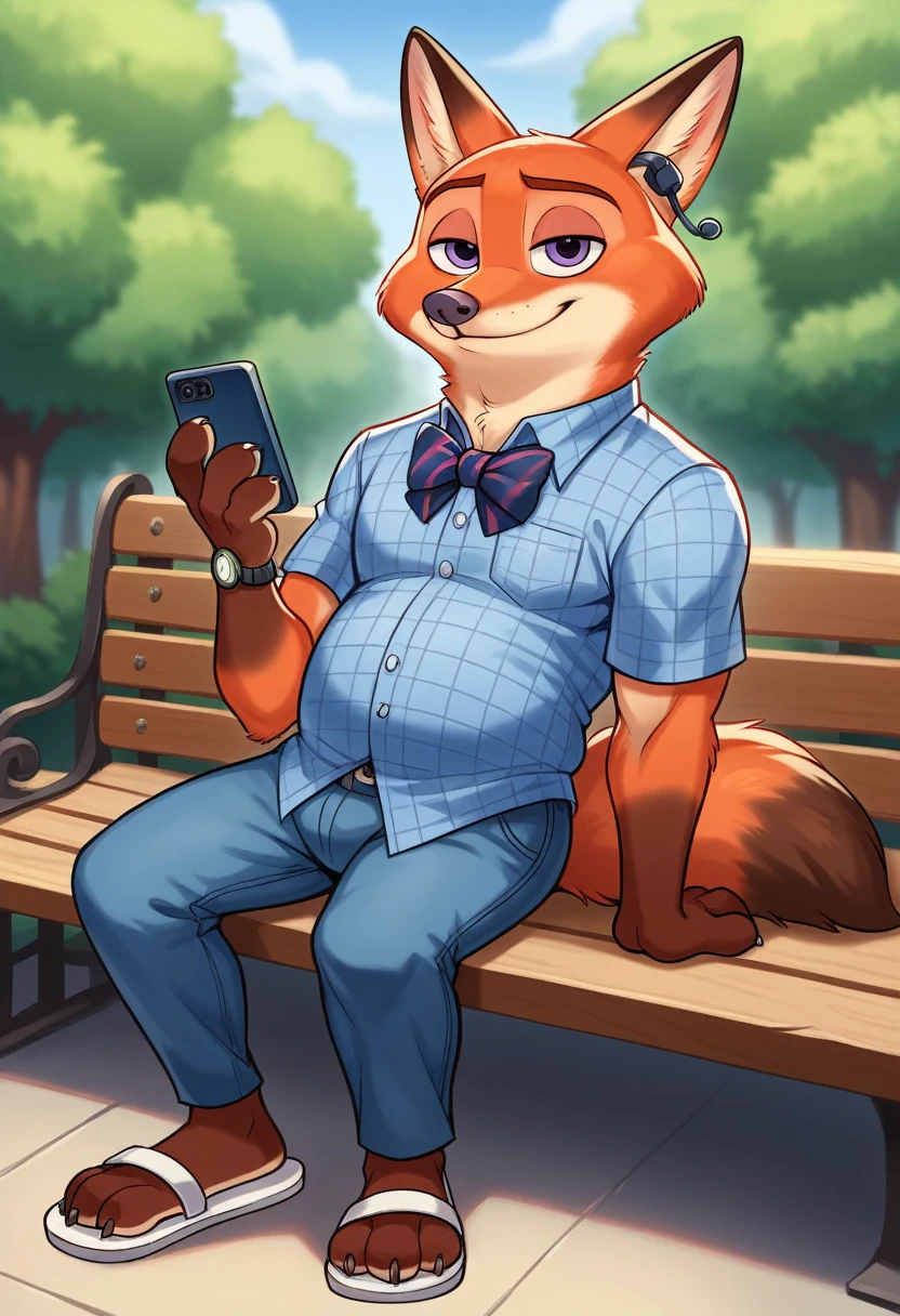 hyperrealistic art, furry portrait, bright colors, full body photography, full figure picture, masterpiece, Best quality, A high resolution, muscular босой Гидеон Грей (Zootopia, Cute, muscular, chubby, male fox, reddish fur, longer fur on the cheeks, side part hairstyle, shorter muzzle) in casual adult clothing, a blue checkered shirt, bow tie, long pants,wear sandals with heels, sitting on a park bench, detailed beautiful paws with short claws, I watch videos on my smartphone, red light in his eyes, smiling, Earplugs. detailed background, anatomically correct, 8 k, (wide dynamic range, dynamic angles and pose:1.2), spicy, Concentrated, (prayer):1.23, (particle),(author:by Jackaloo)