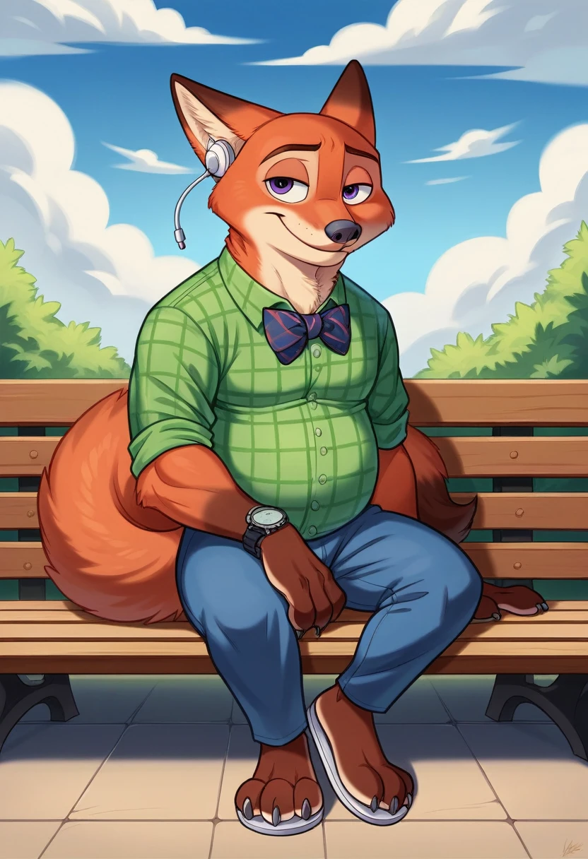 hyperrealistic art, furry portrait, bright colors, full body photography, full figure picture, masterpiece, Best quality, A high resolution, muscular босой Гидеон Грей (Zootopia, Cute, muscular, chubby, male fox, reddish fur, longer fur on the cheeks, side part hairstyle, shorter muzzle) in casual adult clothing, a blue checkered shirt, bow tie, long pants,wear sandals with heels, sitting on a park bench, detailed beautiful paws with short claws, I watch videos on my smartphone, red light in his eyes, smiling, Earplugs. detailed background, anatomically correct, 8 k, (wide dynamic range, dynamic angles and pose:1.2), spicy, Concentrated, (prayer):1.23, (particle),（author：by Jackaloo）