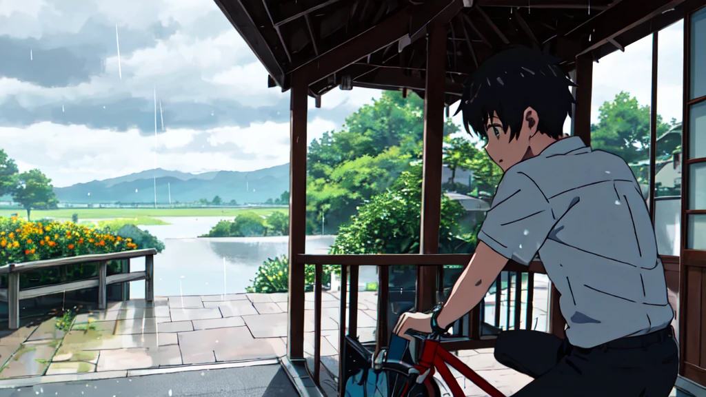 ((Highest quality)), ((masterpiece)), (detailed), Highest quality、High resolution、８K、Grey Sky、dim、male、male子学生、17 years old、soaked、bicycleを全力で漕いでいる、bicycleに乗っている、Very cloudy sky、Shower、Japan、Urban park、bicycle、White short sleeve shirt、Black trousers、bicycleに乗ったJapanの学生服を着たmale子学生の後ろ姿、Heavy downpour、Gardenia flowers、Slope、Japanのアニメのような画風、超High resolutionかわいい萌えアニメ8k