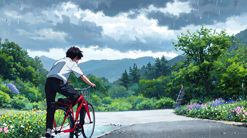 ((Highest quality)), ((masterpiece)), (detailed), Highest quality、High resolution、8K、Grey Sky、dim、male、male子学生、17 years old、soaked、bicycleを全力で漕いでいる、bicycleに乗っている、Very cloudy sky、Shower、Japan、Urban park、bicycle、White short sleeve shirt、Black trousers、bicycleに乗ったJapanの学生服を着たmale子学生の後ろ姿、Heavy downpour、Gardenia flowers、Slope、Japanのアニメのような画風、超High resolutionかわいい萌えアニメ8k