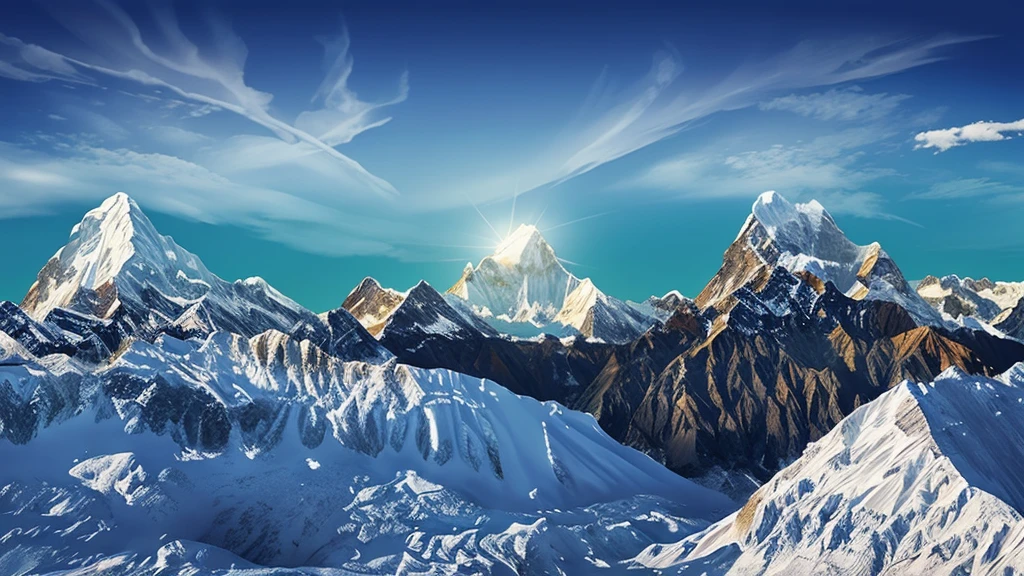 ((high resolution: 1.1))Himalayas,Snowy,The sky is magnificent。Wide panorama,high resolution、High Definition,Cool colors,Flat Wind,Minimalist illustration,Vector。((high resolution: 1.1))Illustration of a snow mountain range in the vector, using simple shapes and a 2D flat, vector artwork features beautiful colors with a blue sky and orange sunset, peaks, capped, covered, resembling a view, Mount Everest,Flat Wind,Minimalist illustration,Vector。