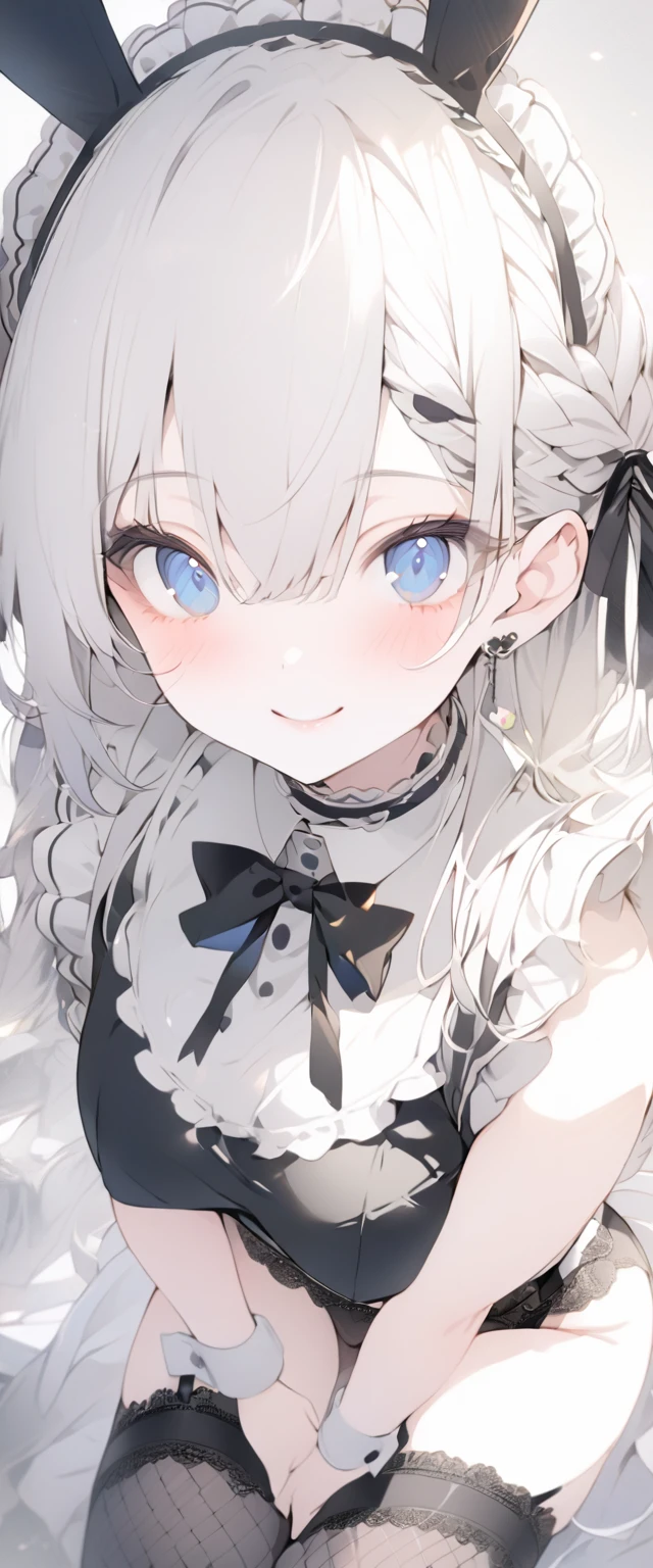 beautiful, masterpiece, Highest quality, anime, One girl, C Cup,Portrait Shot, View your viewers, Covered、Long Hair、nearby、Blue Eyes、art、White hair,black streaked hair, dark atmosphere、Thighs、Braid、Bunny Maid、Fishnet tights、Cafe、smile、garter belt、Crossing legake