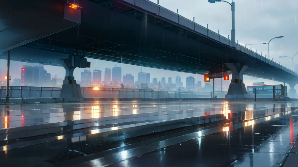 Girl on the road overpass,Early in the morning,It was just raining lightly,Clear air,Sunlight and rainwater on the road reflect off the buildings,The screen is displayed from top to bottom,Background in cool tones