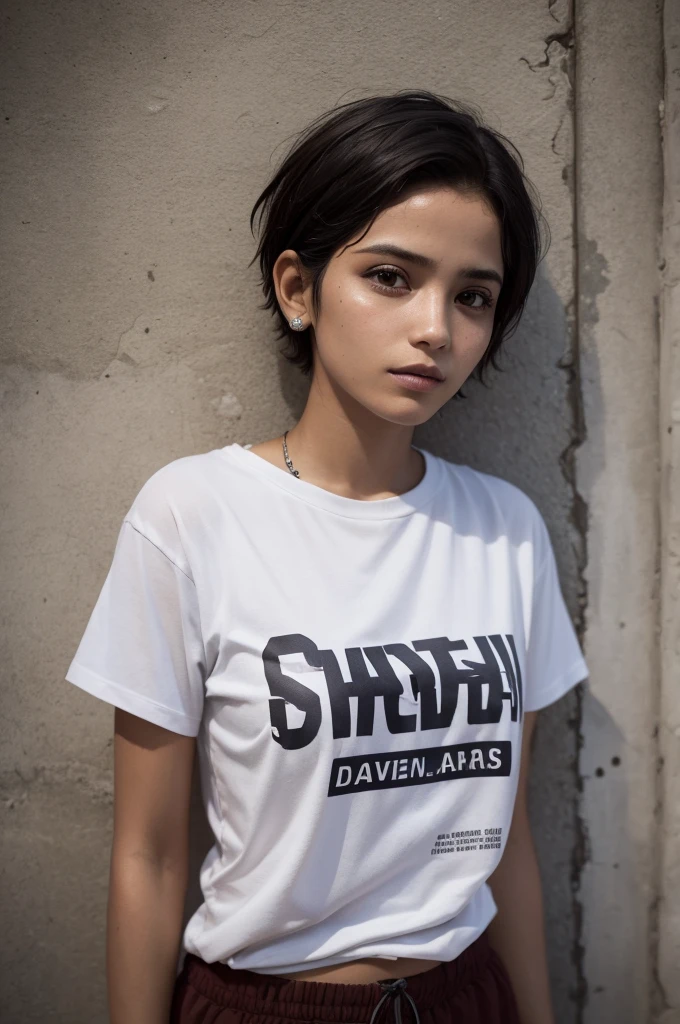 Woman with short hair , with a shirt written as maras, deep in the favela 
