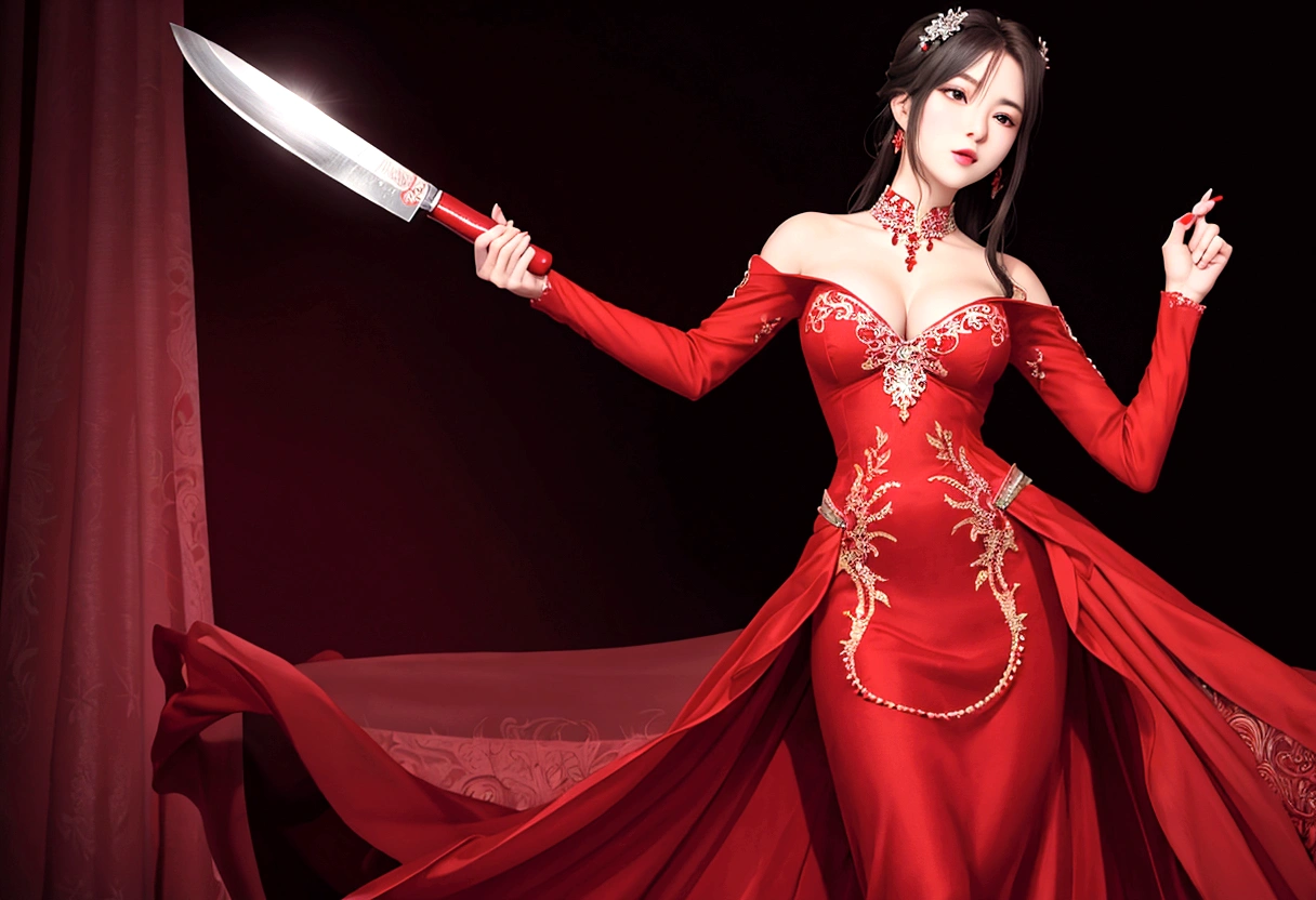 Red Dress，With a long knife