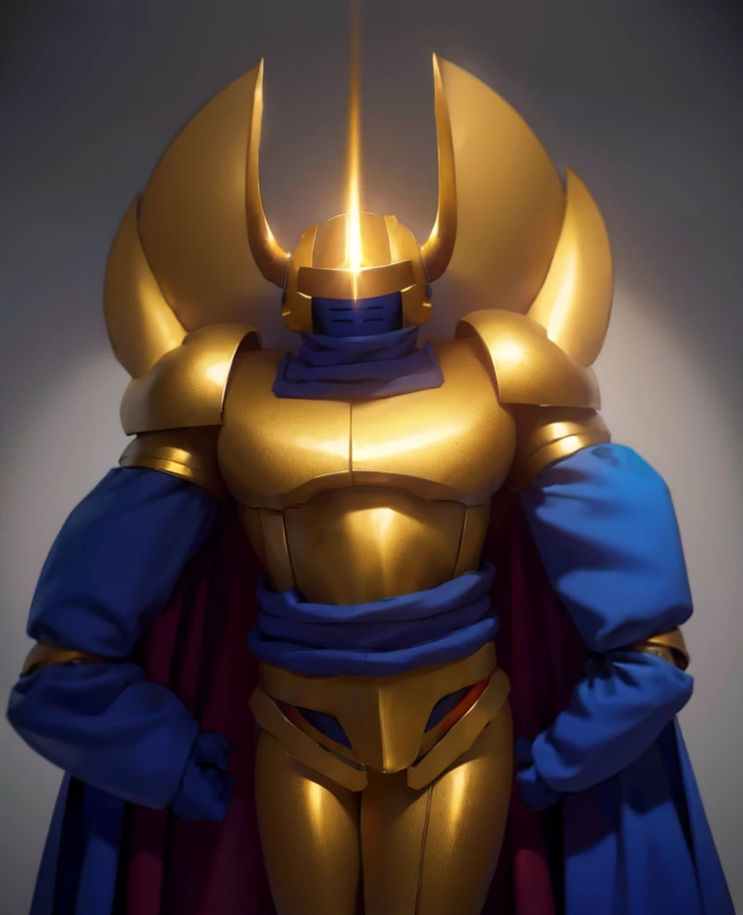 Two long horns on head, golden horns, horns on both shoulders, golden armor, dark night background, high quality, blue visor,