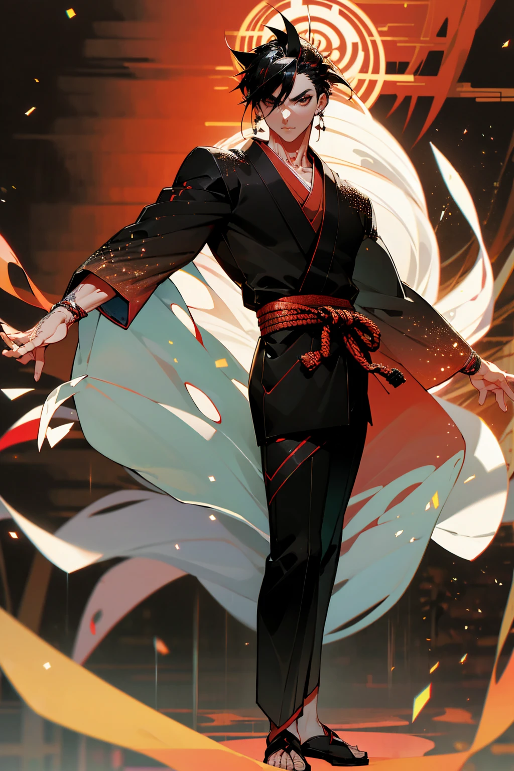 Masterpiece Quality, Perfect Generation, Sclera, Detailed Eyes, , Red And Black Long Spiky Hair, Muscular, Black And Red Haori, Bored Expression, , Full Body, , , Standing, Facing Viewer, Male, Standing Outside Temple In Forest, Clothed, Kimono, Standing Outside, Night,