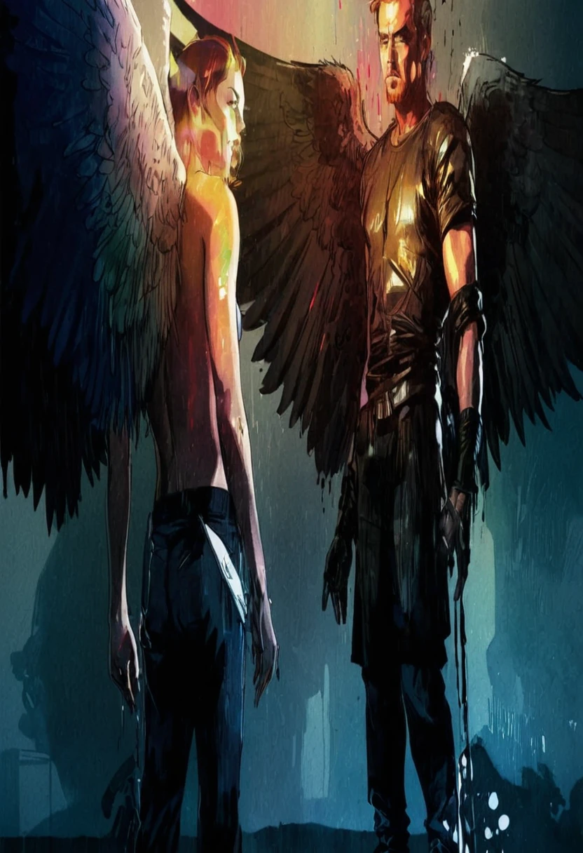 Fallen angels, cinematic, maximal moody, comic splash page poster, image within image, multiple exposure, massive scale, rich color grading for shading depth, hand drawn rotoscope cartoon realism, chiaroscuro lighting, mixed media, vintage comic, retro original design, 1990's comic set in 1960's, sense of movement and energy, tropical rot, rewilding, (full roygbiv color) ink, VHS, glitch, distorted, nostalgia, 90's retro vibes, analog tape, vcr aesthetics, tv, television, hand drawn, (full roygbiv color) ink charcoal expressive illustration, no light source, darkness, light mask uv rays across face, splash page