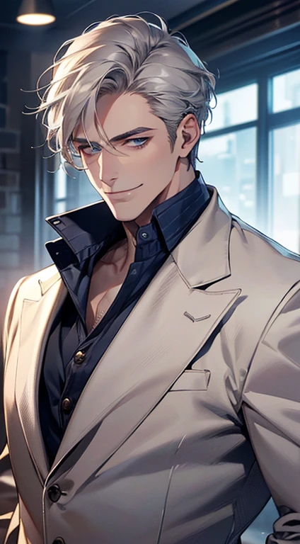 (best quality, masterpiece, 8K, photorealistic, cinematic lighting, 1:4 hdr image, ultra detailed, beautiful image), a mature man, 25 years very handsome, ((cold expression smile in love)), short grey hair, blue eyes, face perfect without mistakes, ((buttoning his jacket, CEO)), smile.