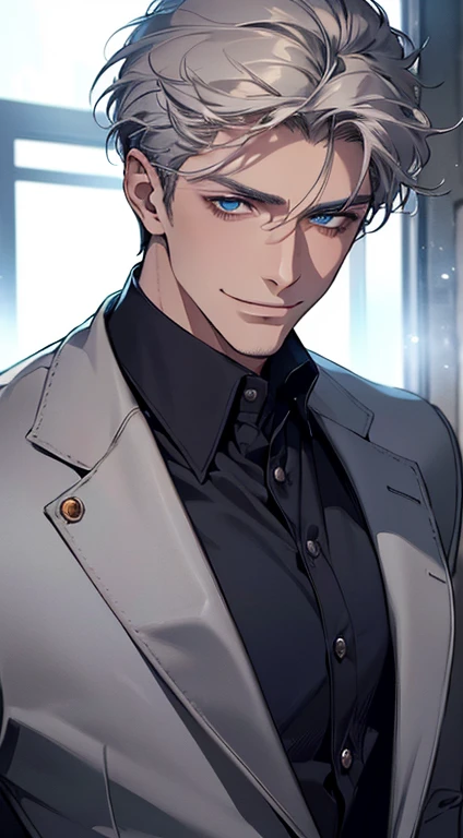 (best quality, masterpiece, 8K, photorealistic, cinematic lighting, 1:4 hdr image, ultra detailed, beautiful image), a mature man, 25 years very handsome, ((cold expression smile in love)), short grey hair, blue eyes, face perfect without mistakes, ((buttoning his jacket, CEO)), smile.