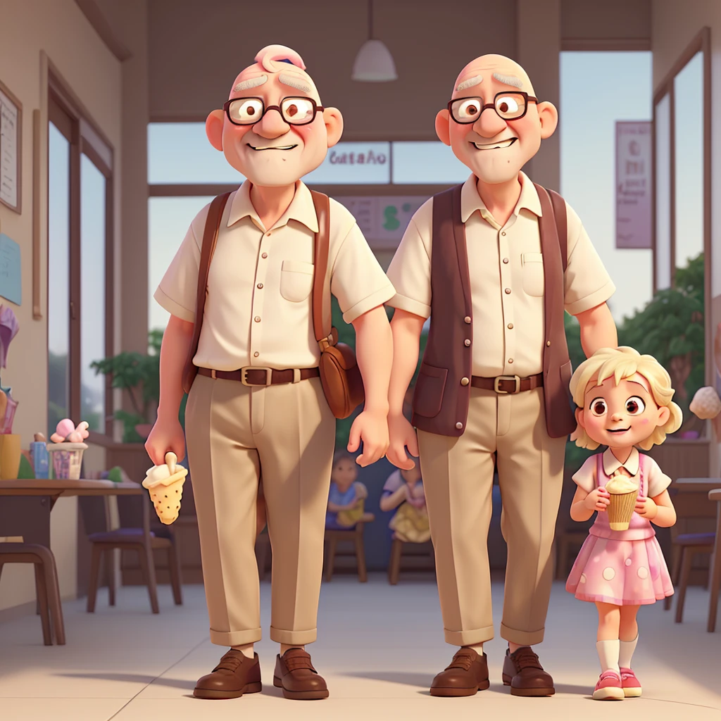 Bald old man eats ice cream with his 7 granddaughter while going to school.