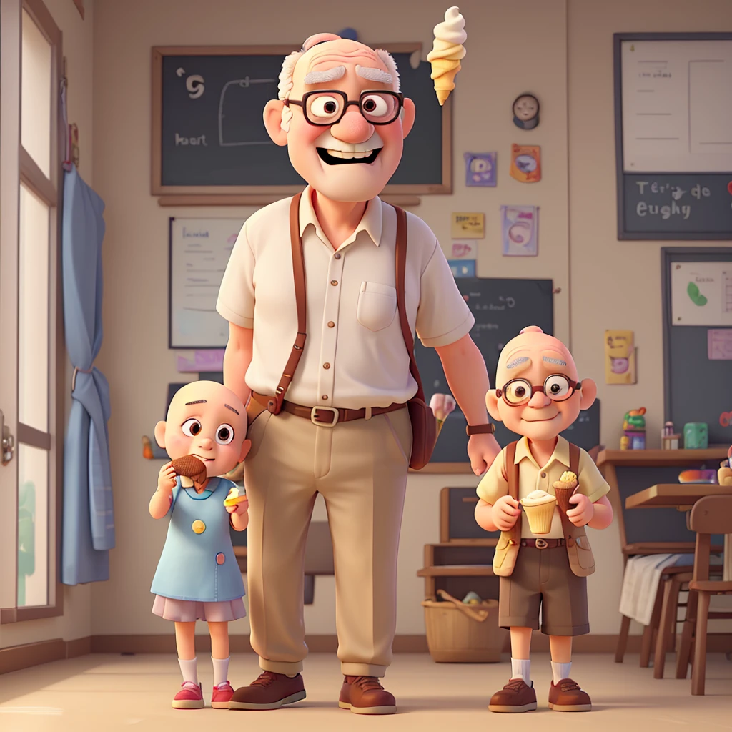 Bald old man eats ice cream with his 7 granddaughter while going to school.