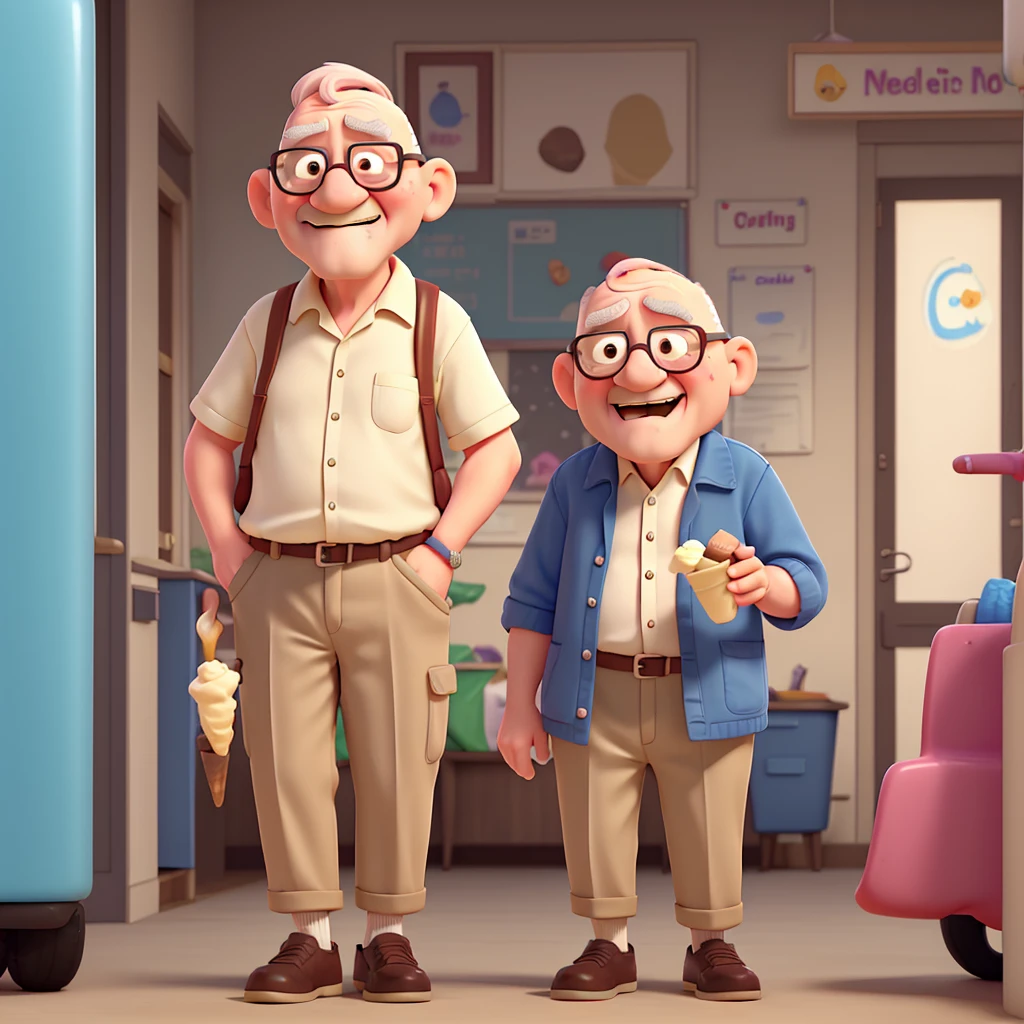Bald old man eats ice cream with his 7 year old granddaughter while going to school.