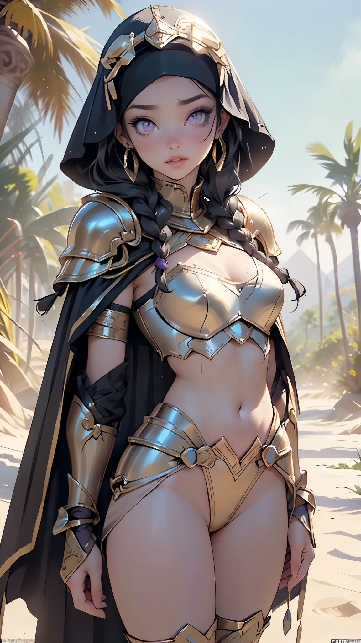 girl from ancient arabia,1girl,
(large breasts:1.4),((((long twin braids,tight braids,long braid,braided hair,long hime cut,dark hair,black hair,colored inner hair)))),(((purple_eyes:1.3))),intricate eyes,beautiful detailed eyes,symmetrical eyes,((((lustrous skin:1.5,tanned skin,bright skin: 1.5,skin tanned,shiny skin,very shiny skin,shiny body,Reflective skin)))),(spider lower abdomen,narrow waist,wide hip,athletic body,inflated legs,thick thighs,delicate detailed fingers,(detailed face)),beautiful detailed lips,
cute,slutty,sensual,seductive look,seductive,((erotic)),opulent,sumptuous,((nsfw)),
zettai ryouiki,revealing clothing,show skin,cleavage,(((barefoot))),((Arabian girl warrior:1.5,medieval girl Morocco, armor wear:1.5,leads army in Moroccan environment)),((wearing cape hijab:1.5, body covered by battle armor:1.5, chest armor accessories:1.5)),((intricate armor outfit)),arabian accessories,(arabian jewelry in her arms),earrings,(((eyeshadow,egyptian makeup,eyelid makeup))),(((pelvis curtain))),(loincloth),(((wet clothes,intricate armor))),
(flirtatious pose:1.3), looking at viewer,embarrassed,centered,scale to fit dimensions,Rule of thirds,
outdoors,(dune desert,dune desert background,pyramids in the background),scenery,extremely scenery,clouds,Egypt style,(sunset, golden hour),
(Glossy Egyptian ornaments),highres,sharp focus,(ultra detailed,extremely detailed),(photorealistic artwork:1.37),(extremely detailed CG unity 8k wallpaper),(((vibrant colors,vibrant theme))),(intricate),(masterpiece),(best quality),artistic photography,(photography taken by sldr),(intricate background),perfect rendered face,perfect face details,realistic face,photo realistic,((intricate detail)),(((realism))),