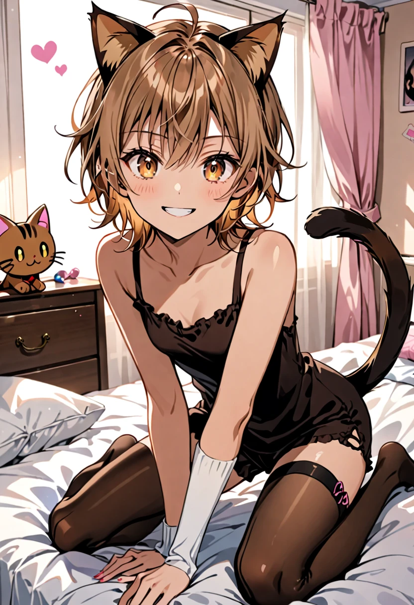 Solo, feminine boy, short messy light brown hair, amber eyes, brown cat ears, brown cat tail, femboy, playful smile, bedroom