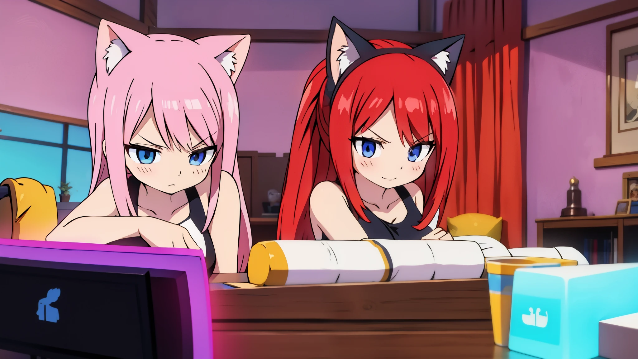 (Junkotvv a girl con orejas de gato) and (neocruz a boy con barba y sin orejas de gato), playing video games together in a room full of 80s style anime and posters in neon tones with video game controllers in their hands and enjoying