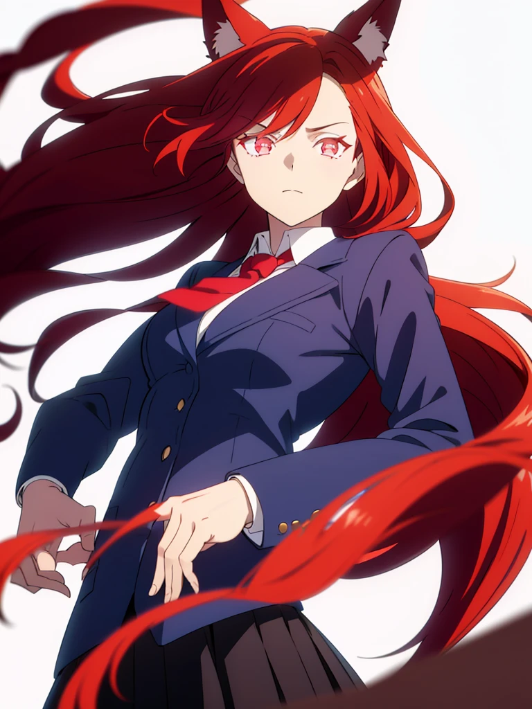 1girl ,solo,20s,mature female,red hair,long hair,fox ears,(white background),shirt,black standard tie,blue blazer,long sleeves, black pleated skirt,(upper body),red glowing eyes