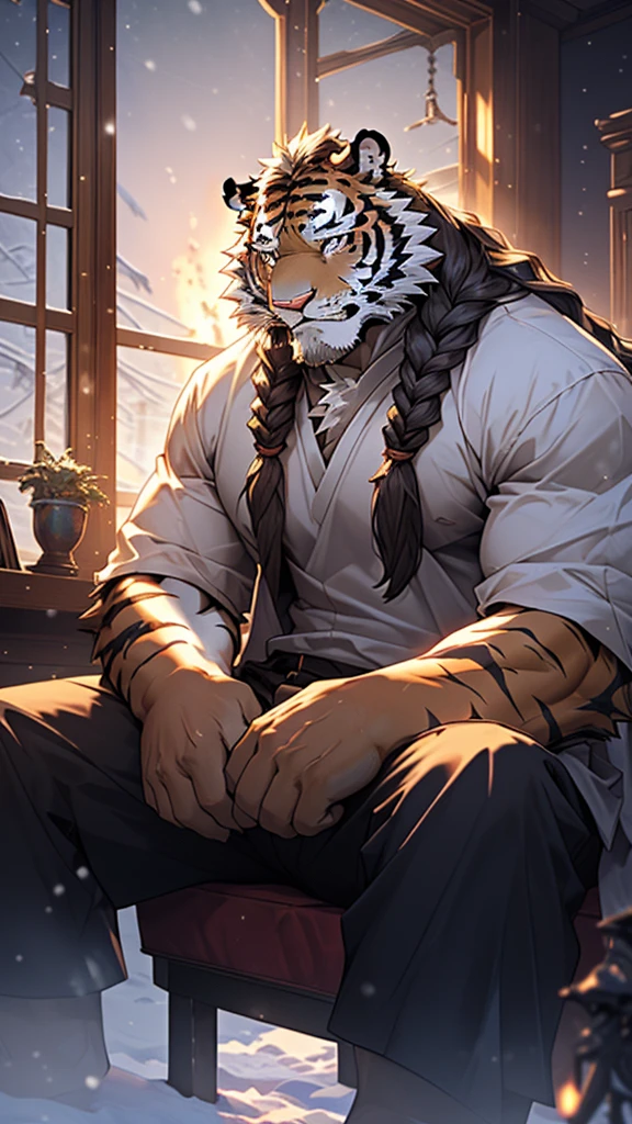 (masterpiece), (photorealistic:1.4), (1boy), (detailed face:1.2), (tiger male:1.5), (old：1.9）, (aged), (retired general),(muscular build), (white fur:1.3), (long white beard), (long white braided hair), (loose shirt), (sitting), (resting), (calm expression), (peaceful eyes), (many scars), (scar on face), (scar on body), (indoors),  (cold northern region), (room), (fireplace), (fire), (window), (snow outside), (winter), (night), (dim lighting), (cinematic lighting)