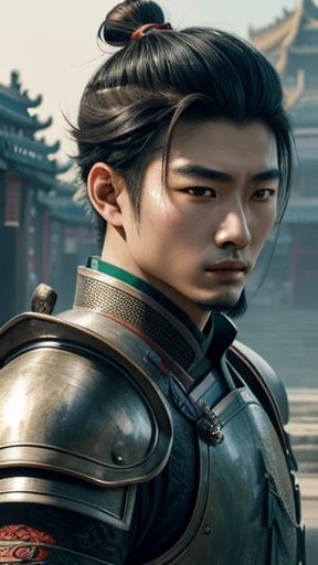 Oriental、((Ancient Chinese young man in iron armor))、ancient chinese hairstyle male、Three Kingdomultiple warlords、Highest quality、masterpiece、Ultra-high resolution、(Realistic:1.4)、Game Poster、Crisp and beautiful image quality、alone、green ancient chinese costume
