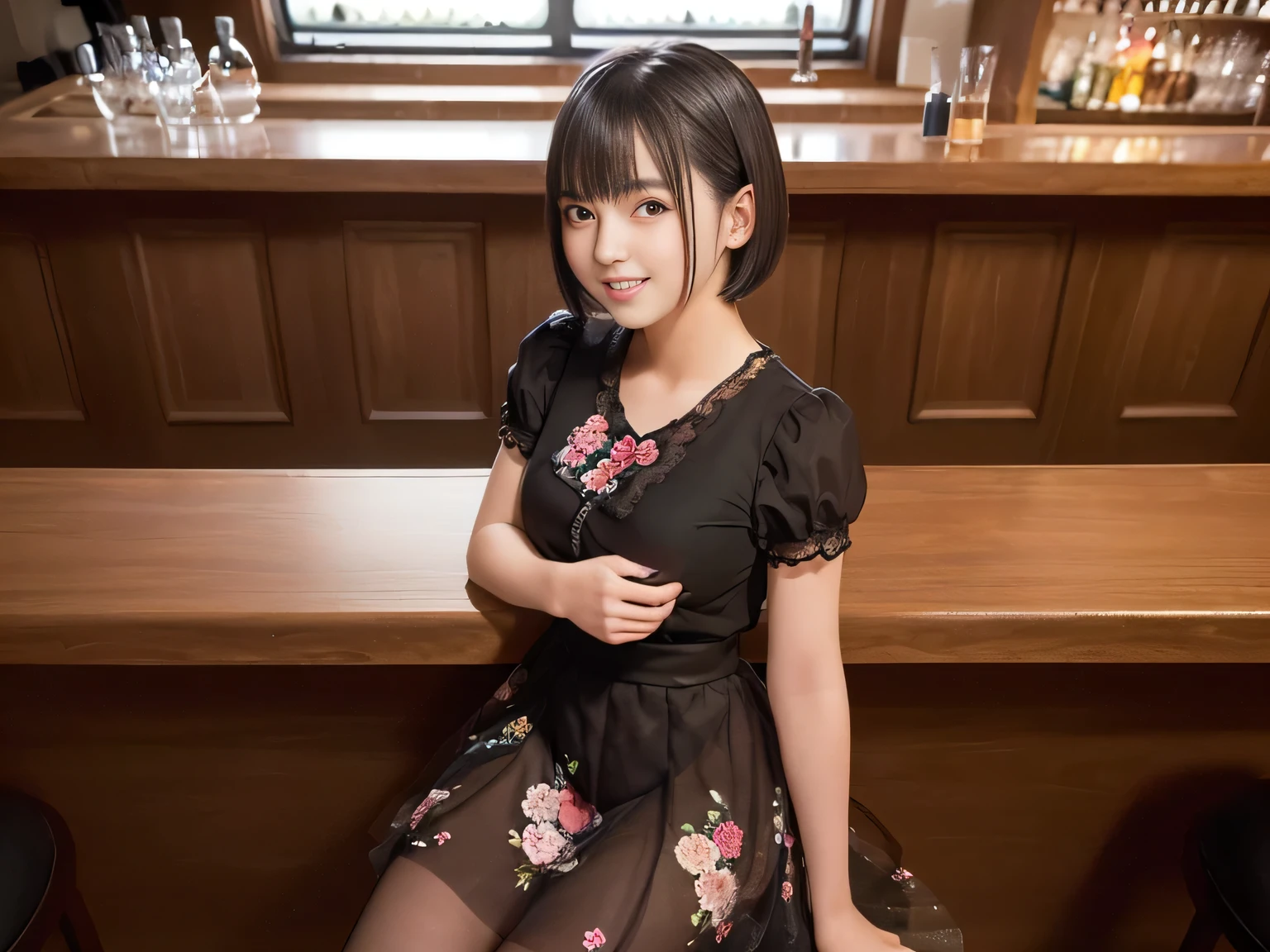 (Highest quality, masterpiece, Ultra-high resolution, 8K, RAW Photos, Realistic, Anatomically correct:1.5), 20-year-old girl:1.2, Embarrassing, avert your eyes, blush:1.0, View Viewer, ((Bar Lounge)) 、Large windows、Night view、 Light:1.2, Bokeh, Cinema Lighting:1.0, Depth of written boundary, sharp、 Cute face、Idol、Black short sleeve tulle top、Black tulle skirt、Black clothing、”(dwarf)”、(Floral clothes)、(Full Body Shot)、Side angle、Cowboy Shot、 smile、(Ultra short hair)、(Short bob cut)、(Straight bangs)、(( One Girl))、Large Breasts、