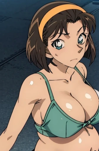 looking at the camera、When I Look at You、lookatviewer、Anime Style、Eroge、1 Girl, (Huge breasts),(Maternity)、Low Angle、Brown haired, hair band、Bob Hair、The forehead is visible、blush,The whole body is visible:1.5、Handjob、grabs penis