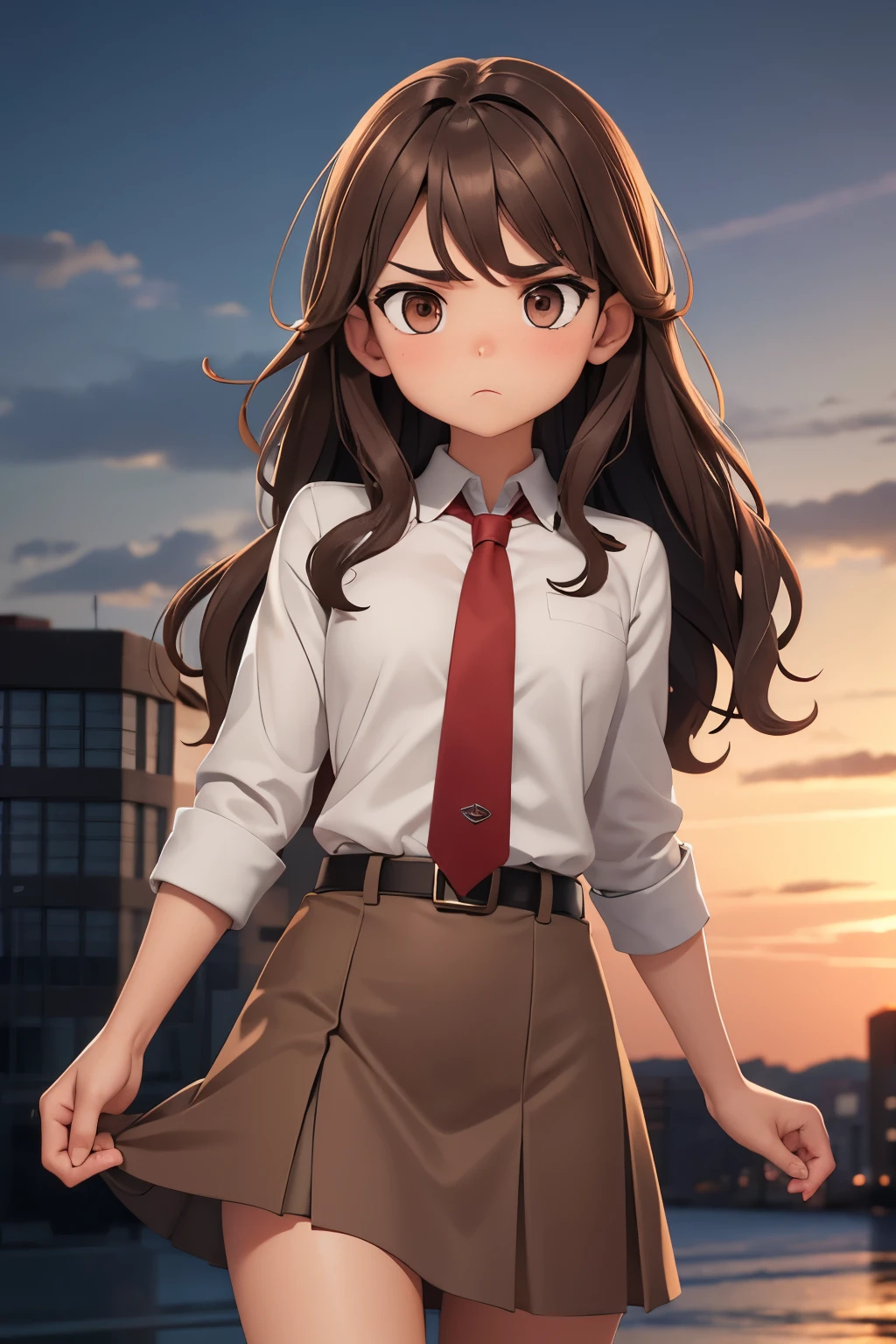 Girl, medium length, brown wavy hair, gray eyes, red tie, brown skirt, upset