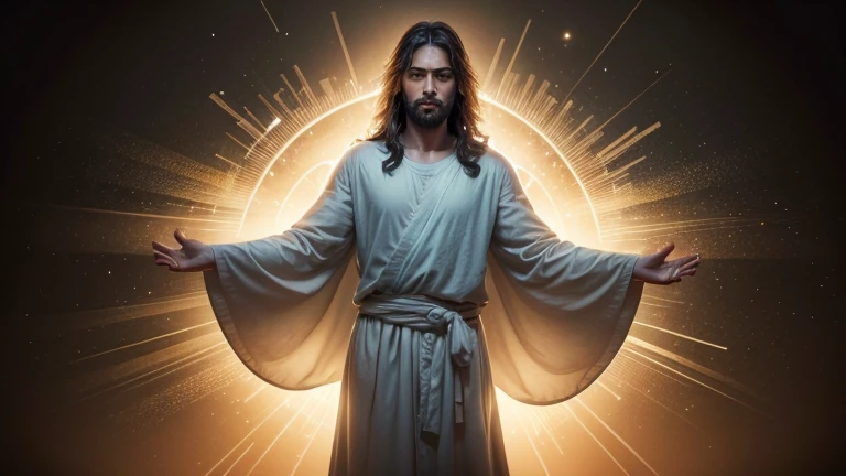 "A serene and inspiring image of Jesus Christ, radiating light and peace. Jesus is standing, with a loving and merciful expression, hands extended in a gesture of welcome and blessing. Ao fundo, a heavenly light emanates, gently illuminating the environment. The image must convey a feeling of protection, comfort and faith, representing the words: 'Pai Celestial, I recognize that You are the source of all power and blessings. I trust in Your unconditional love and Your infinite mercy. Neste momento, I give you all my worries, doubts and fears, asking you to take charge of every area of my life.'Realistic details, focusing on the compassionate expression of Jesus and the atmosphere of tranquility and spirituality."