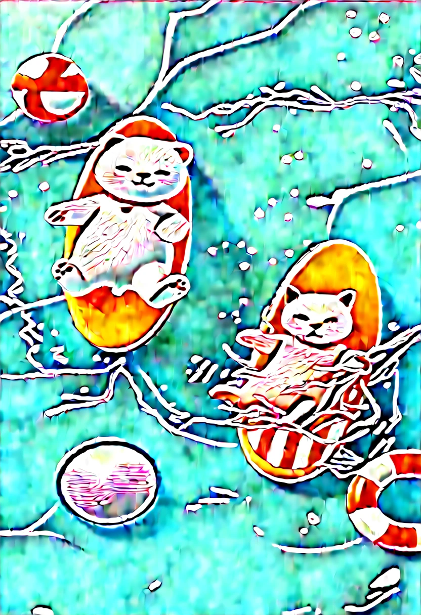 There are two cats floating on a raft in the water, Lovely 3 d render, Lovely detailed digital art, Behance 3D Art Trends, Behance 3D Art Trends, a cat swimming in water, Summer swimming , Lovely数字, 3D Epic Illustrations, Lovely! C4D, 3d illustration, 3d illustration