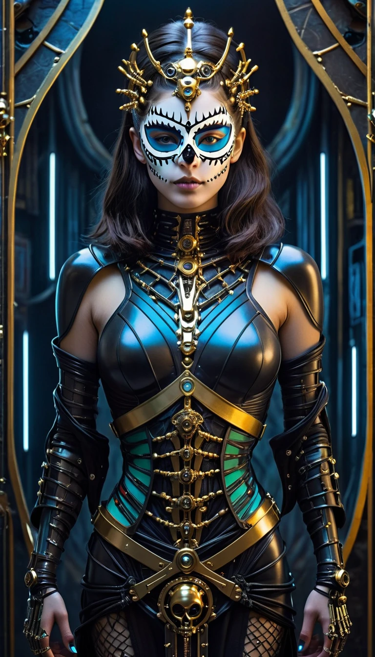 tarot card, chiaroscuro technique on sensual illustration of an queen of sword, a teenage fashion model wearing an exo-skeleton mask, vibrant colors, futuristic cyberpunk style, intricate details, cinematic lighting, dramatic pose, an elegant complex bio mechanical onyx and gold, intricate details, official art, unity 8k wallpaper, ultra detailed, beautiful and aesthetic, beautiful, masterpiece, best quality, the most beautiful form of chaos, elegant, a brutalist designed, vivid colours, romanticism, atmospheric