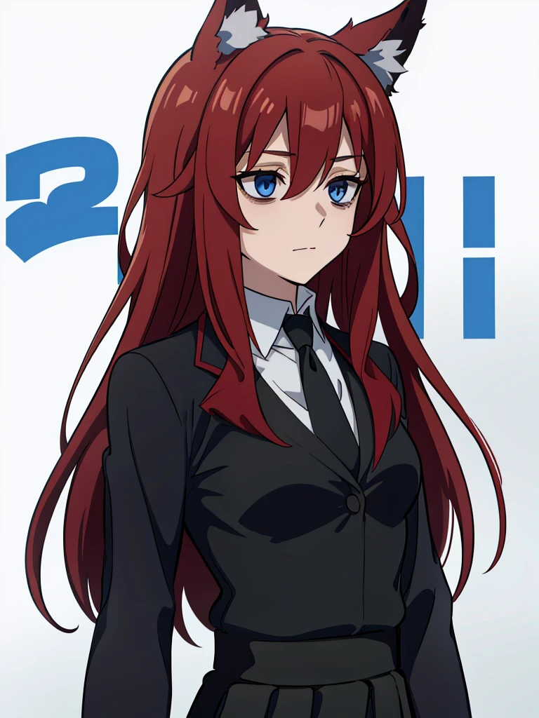1girl ,solo,20s,mature female,red hair,long hair,fox ears,(white background),shirt,black standard tie,blue blazer,long sleeves, black pleated skirt,(upper body),Bags under eyes