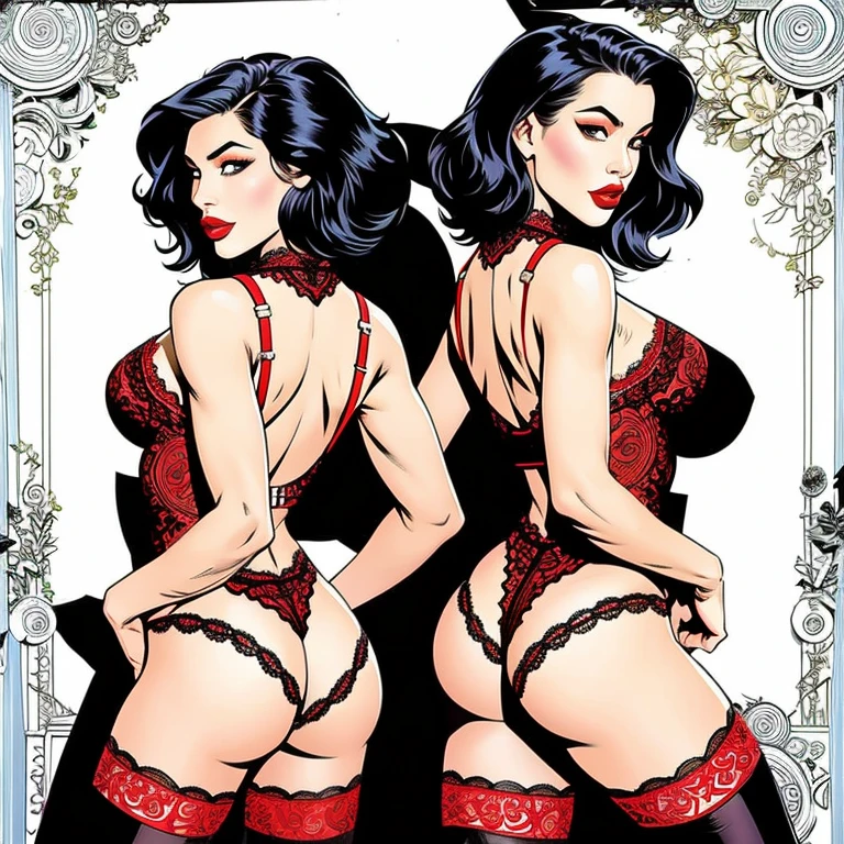 1 girl,beautiful fashion model ,(work of art, detailed back ground, highest quallity),Short shiny hair, Bblack hair,ssmile,Juicy lips,Red lips, lingerie, Pickling, elegant makeup, exhibitionism, ripped lace bodysuit costume